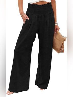 Wide Leg Smocked Waist Pants - Black